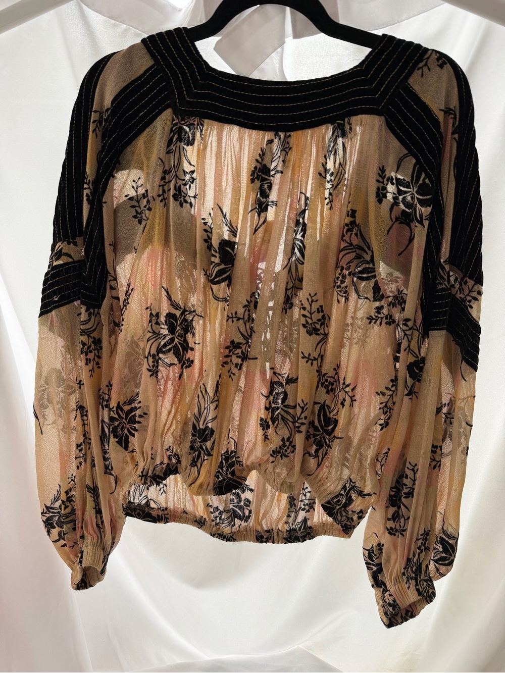 Free People NWT Sheer Metallic Floral Lace Up Blouse Ivory Black Size L - Picture 2 of 9
